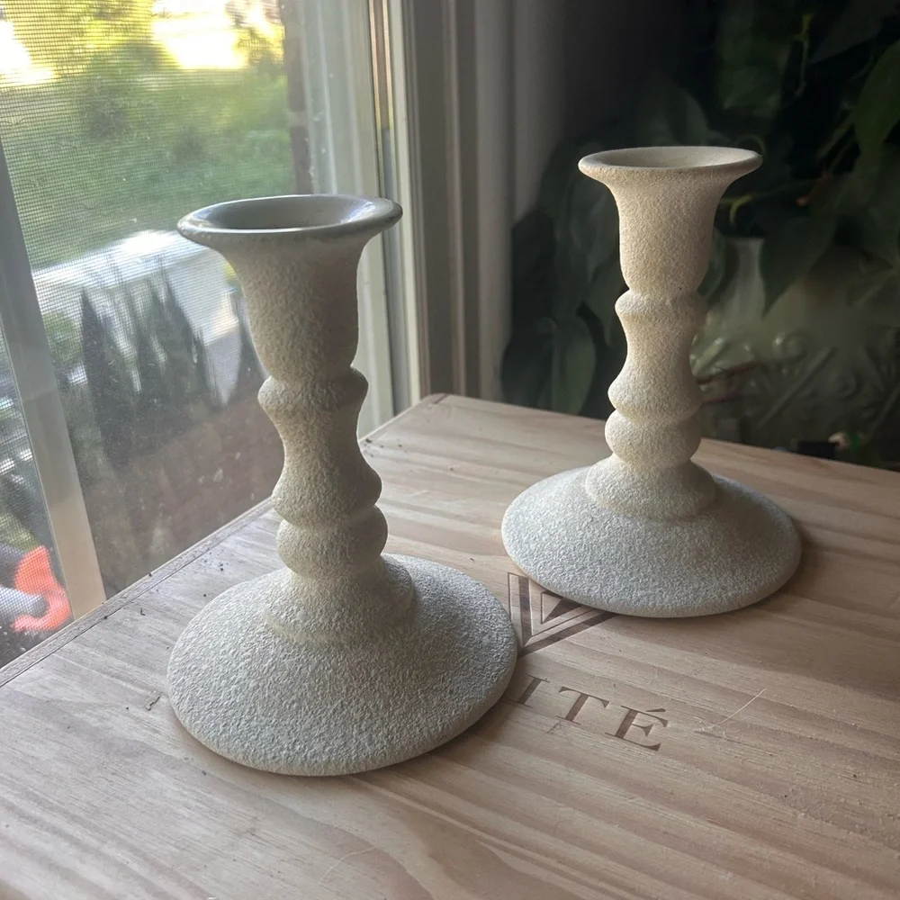 Vintage Haeger 1985 Textured Ivory Ceramic Candlestick Holders Pair